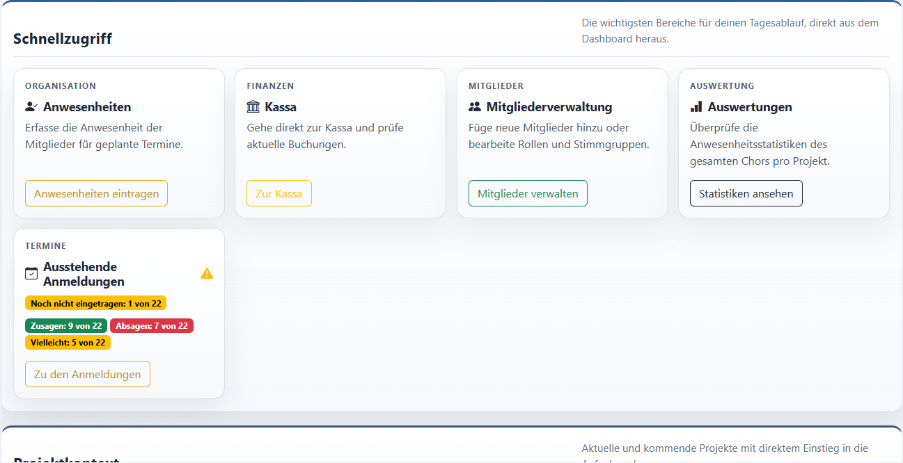 Schnellzugriff-Kacheln im Dashboard für Anwesenheiten, Kassa, Mitgliederverwaltung und offene Anmeldungen